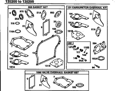 Carburetor Overhaul Kit/Valve Overhaul Gasket Set Diagram and Parts List for 135200-135299 0001-0013 Briggs and Stratton Engine